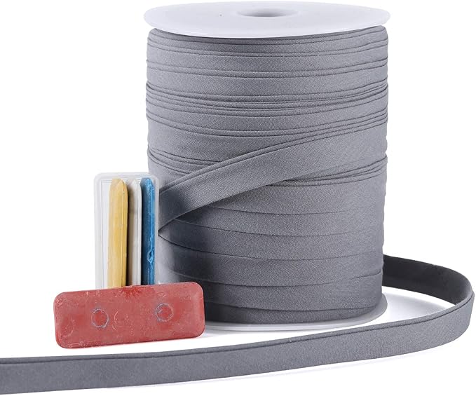 Bias Tape Double Fold 1/2 inch, Double Fold Bias Binding Tape 55 Yards (Gray) and 4 Pieces Sewing Fabric Chalks for Crafts, Sewing, Seaming, Hemming, Piping, Quilting.