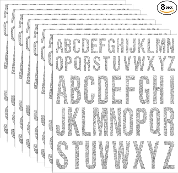 8 Sheet Glitter Letter Stickers Vinyl Alphabet Stickers Waterproof Self Adhesive Stick on Letters for Poster Bulletin Board Mailbox School Classrooms Decor(1 Inch, 2 Inch,Silver)
