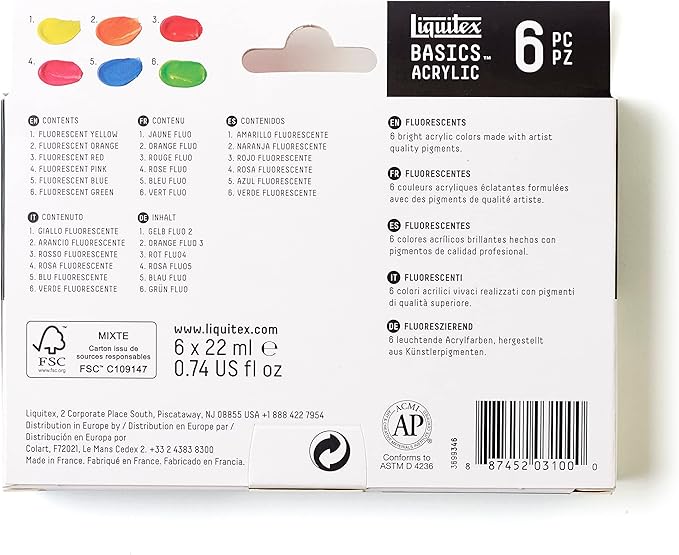 Liquitex BASICS Acrylic Paint Set, 6 x 22ml (0.74-oz) Tube Paint Set, Fluorescent