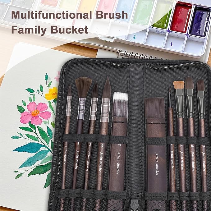 10 Pieces Paint Brush Set, Artist Series, Nylon Bristles with Round, Flat, Fan, Angle, Detail Brush, Suitable for Artists and Beginners for Acrylic Painting, Oil, Watercolor, Gouache(Black)