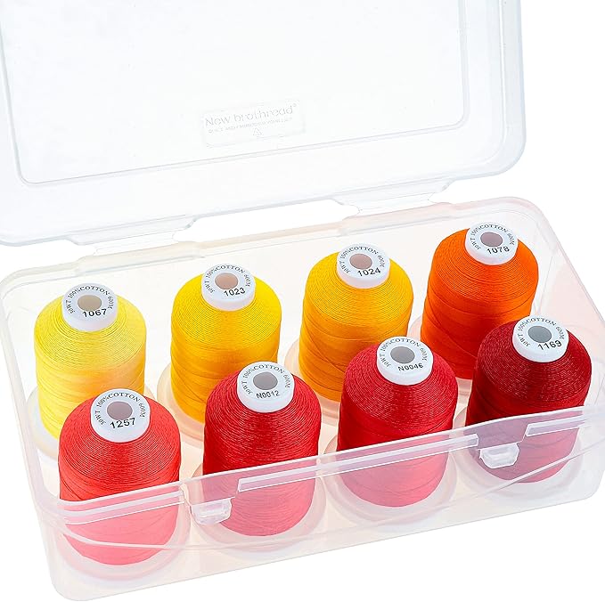 New brothread - 18 Options - Multi-Purpose 100% Mercerized Cotton Thread 50S/3 600M Each Spool for Quilting, Serger, Sewing and Embroidery - 8xSunrise(Yellows+Reds) with Clear Plastic Storage Box