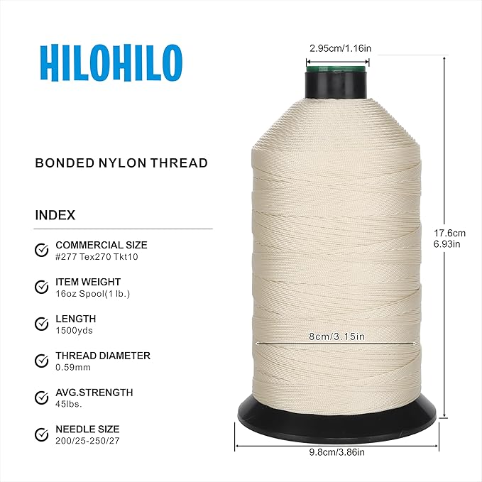 Extra Strong Bonded Nylon Thread #277 Tex270 – 16 OZ, 1500yds, Versatile Stitching Solution for Leather, Upholstery, Canvas Repair and More (Beige)