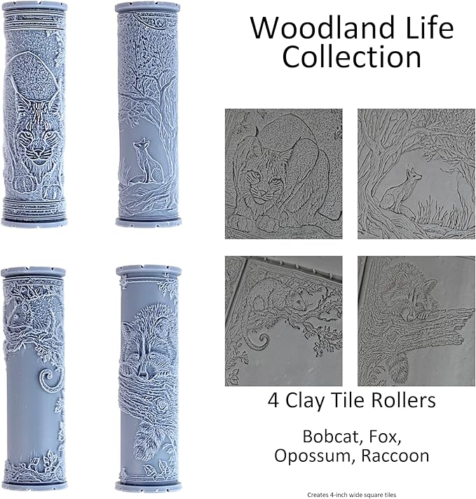 Woodland Life Collection 4-Pack Clay Texture Rollers (4") - Forest Set #01 - Embossing Pattern Rollers for Polymer & Ceramic Clay, Pottery & Crafts