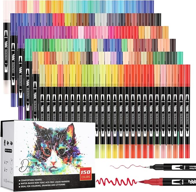 hhhouu 150 Colors Dual Tip Brush Pens Art Markers Set, Fine Tip Markers for Adult Coloring, Bullet Journals, Drawing, Lettering Calligraphy HO-150B