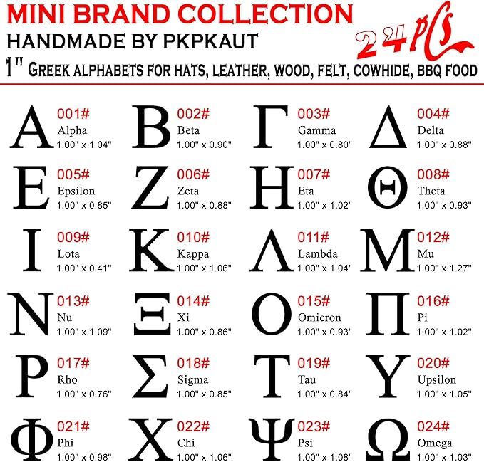 24Pcs Mini 1" Branding Irons, Greek Alphabet Custom Wood Branding Iron Personalized for Wood Working, Leather Hats, Felt, Cowhide, BBQ Brander & Bread Logo, Steak Branding Iron for Food