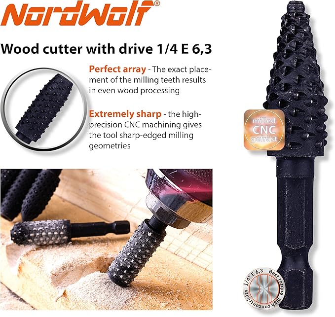 NordWolf 10-Piece Rotary Burr Wood Carving Rasp Files Set, with 1/4" Hex Shank for Wood & Rubber Deburring, Shaping and Grooving