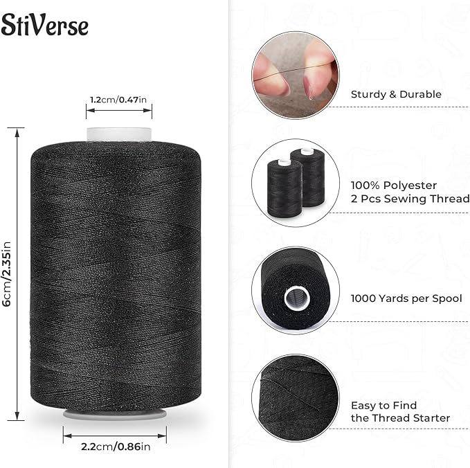 2PCS Thread - 1000Yard Black All Purpose Sewing Machine Thread for Sewing