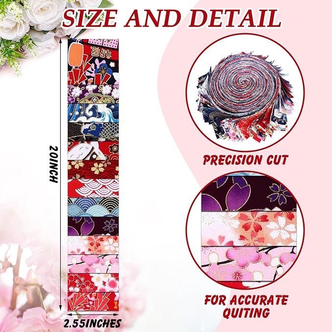 Ganeen 100 Pcs Japanese Quilting Fabric Roll 2. 56 Inch Fabric Squares Jelly Patchwork Precut Strips Bundles for Holiday Materials Craft DIY Sewing Cloths
