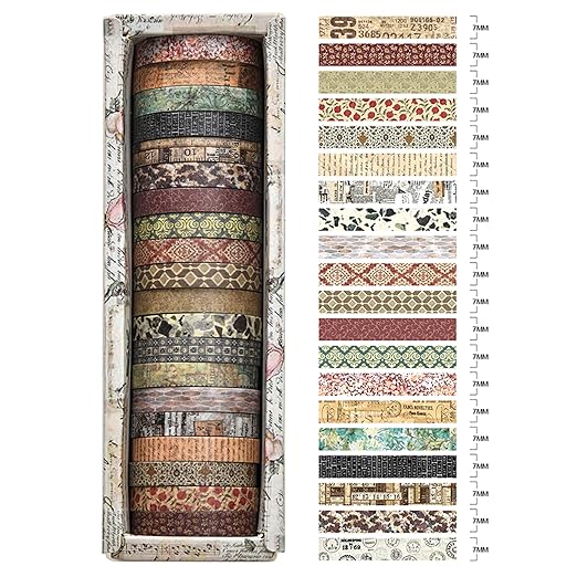 20 Rolls Skinny Vintage Washi Tape Set Retro Arts Adhesive Tapes Basic Patterns Decorative Masking Tape Sets for Craft, Kids, Scrapbook, DIY, Gift Wrapping (Through The Years)