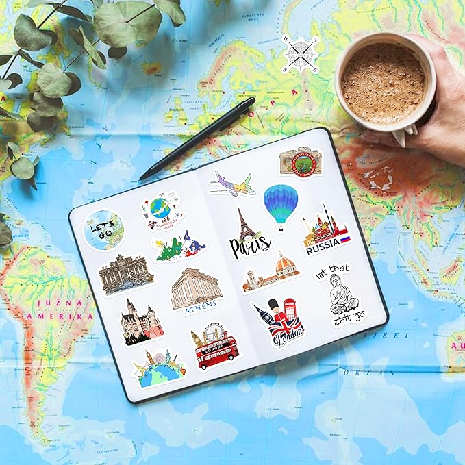 World Featured Architecture Sticker Pack, 100 Pcs Waterproof Vinyl Map Water Bottle Phone Case Laptop Decals, Travel Stickers for Girls Kids Teens Adults, Vintage Aesthetic
