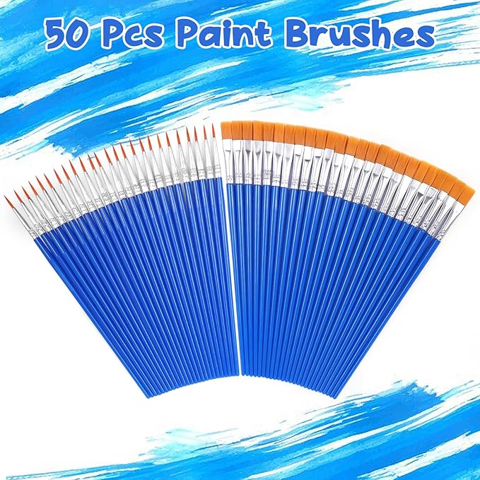 Paint Brush Bulk, 50 Pcs Small Brushes for Acrylic Painting, Craft Paint Brushes Set for Kids Watercolor Face Canvas Detail Painting (Flat & Round)