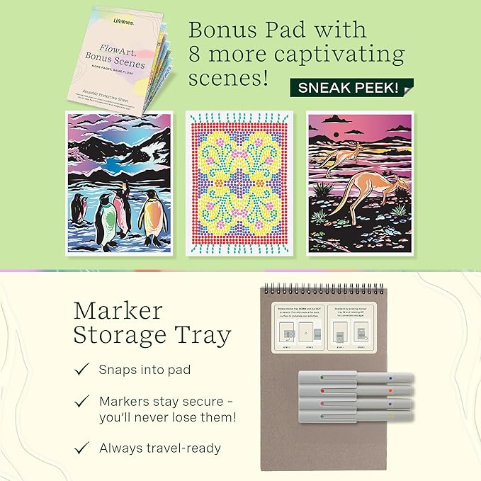 Lifelines FlowArt Activity Pad, 2-Pack & Bonus Pad - Guided Art Meditations with Markers - Mediterranean Mosaic Designs & Animal Hidden Patterns - Coloring Books for Tweens, Adults & Seniors