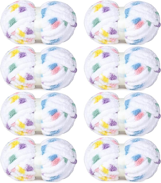 HOMBYS 8 Pack Giant Chunky Yarn for Crocheting/Hand Knitting, Super Bulky Large Soft Fluffy Tie Dye Plush Fuzzy Mixed Color Thick Chenille Yarn (Rainbow, White)