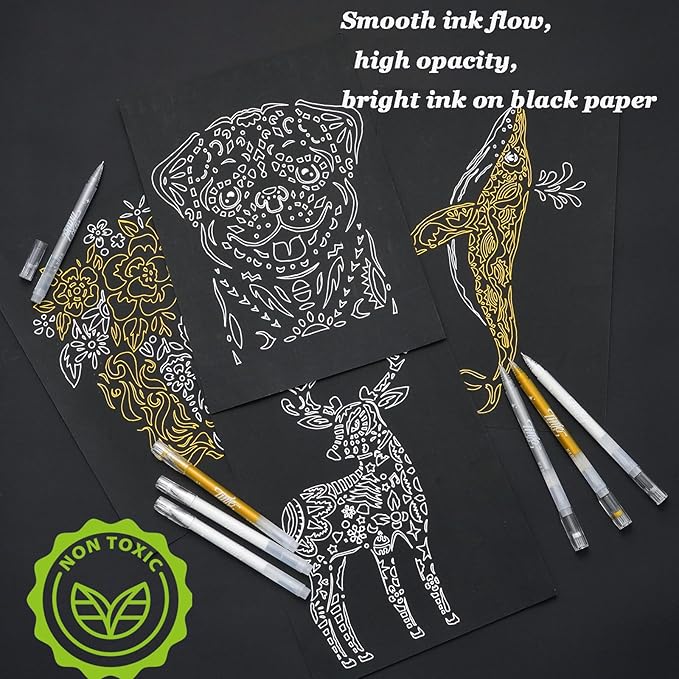 YUANCHENG Gold Silver White Gel Pens, 4 Pack,0.8 mm Extra Fine Point Gel Ink Pens.Suitable for Black Paper Drawing,Card Making,Artists Drawing. Sketching,White Gel Pen for Art Highlight