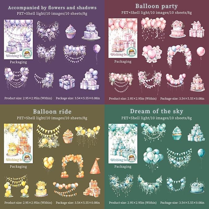 60 PCS Exquisite Fantasy Wishing Balloon Glitter Shiny PET Sticker, Decorative Birthday and Holiday Themed Shine Stickers for Scrapbooking, Journaling, Waterproof DIY Crafts and Junk Journal Supplies