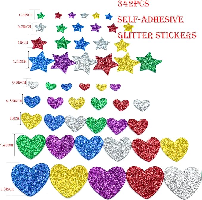 342PCS Heart and Star Foam Glitter Stickers，Self Adhesive Puffy Shapes for Arts & Crafts Supplies,Valentines Day Foam stcky for Greeting Card (342)