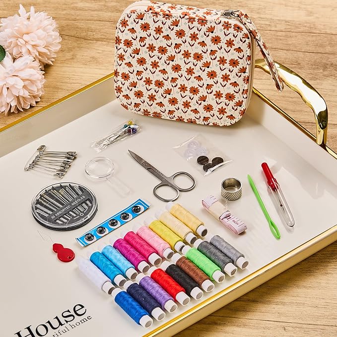 Printing Sewing Kit Maple Leaf Pattern Sewing Set Mini Travel Sewing Kit for Adults 87 PCS Professional Basic Sewing Supplies Accessory for Emergency, Home