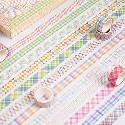 YUBX Basic Grid Washi Tape Set 12 Rolls Plaid Decorative Masking Tapes for Arts, DIY Crafts, Journals, Planners, Scrapbook, Wrapping (Colored)
