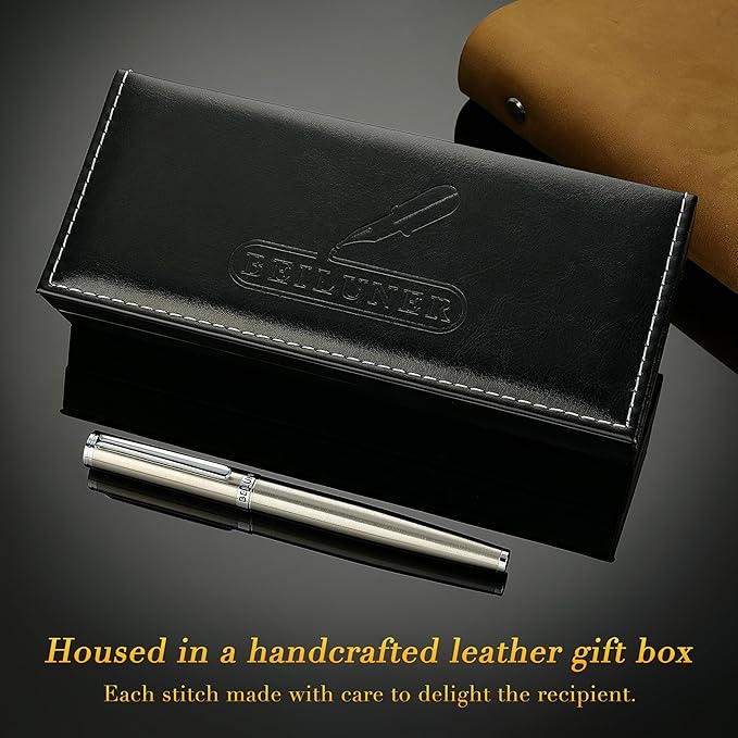 BEILUNER Luxury Fountain Pen Set, Solid 24K Gilded Fine Nib, Silver Stainless Steel Body- Includes 6 Ink Cartridges & Ink Refill Converter with Gift Case - Perfect for Men and Women