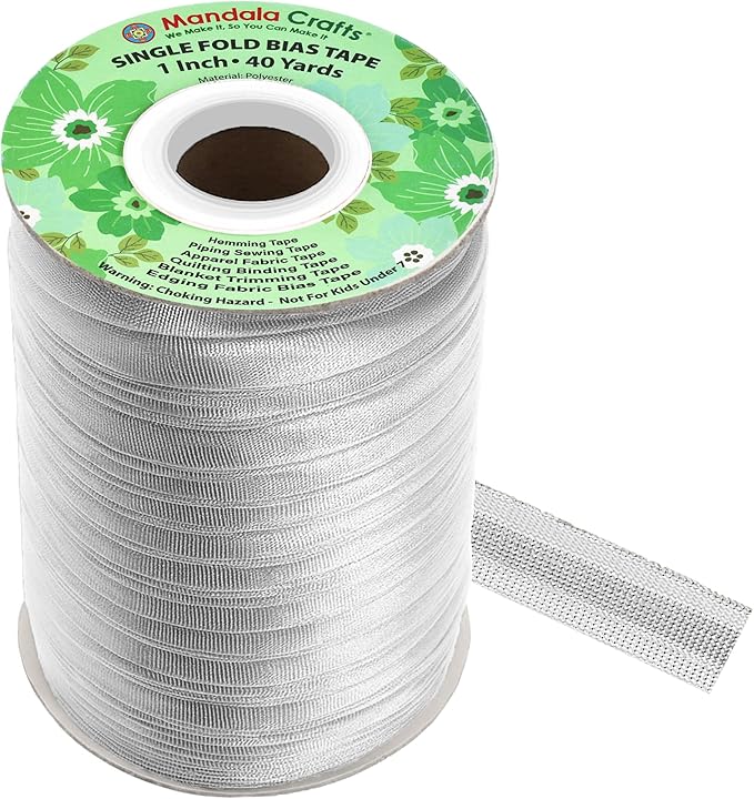 Mandala Crafts 1 Inch Single Fold Bias Tape for Sewing, Quilting, Piping, Hemming, Blanket & Quilt Binding – 40 Yards Metallic Silver Fabric Seam Binding Tape