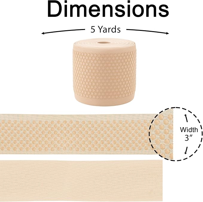 Mandala Crafts 3 Inch Elastic Silicone Gripper Tape for Clothing - 5 Yds Dotted Non Slip Elastic Band for Sewing - Nude Silicone Flat Fabric Stretchy Ribbon Straps