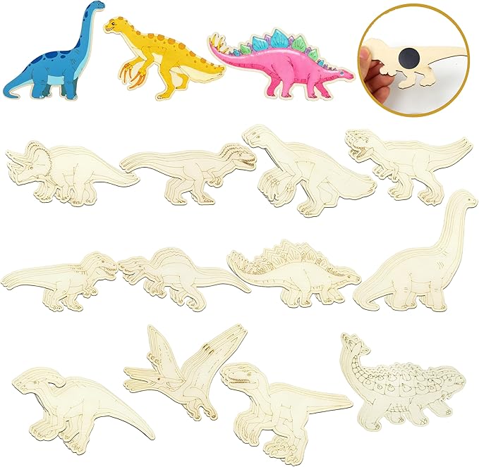 36 Pcs DIY Wooden Magnets, Unfinished Wood Dinosaur Animal Cutouts Ornaments for Crafts, Wooden DIY Paint Craft,Wood Discs Slices Dino Shapes Blank Hanging Embellishment for Kids Home Decor