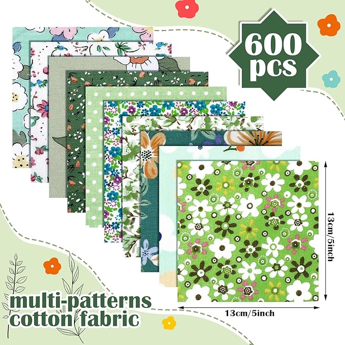 Kinlop 600 Pcs 5 x 5 Inch Floral Charm Packs for Quilting Green Flower Cotton Fabric Square Bulk Precut Fabric Squares Strips Printed Green Floral Patchwork for DIY Craft Sewing Accessory