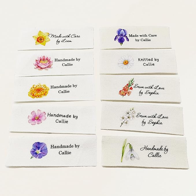 callie Personalized 10-100Pcs Sewing Labels - Custom Birth Flower & Name, Fabric Made with Love Sewing Tags for Handmade Items Clothes, Gifts for Knitting DIY Craft Lovers