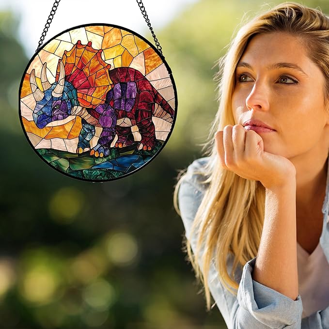 Stained Glass Window Hanging - Triceratops Abstract Dinosaur Suncatcher for Door Terrace Garden Home Decor, Orange Red Sun Catcher Birthday Gifts for Lovers Women Men Dad Mom Nana 7.8 in