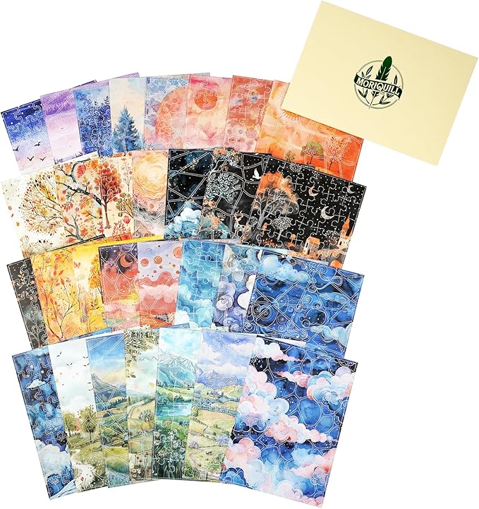 30 Sheets Pre-Cut Puzzle Washi Stickers, Seasonal Landscape Designs, Writable with Adhesive Backing for Scrapbooking, Bullet Journal, DIY Collage