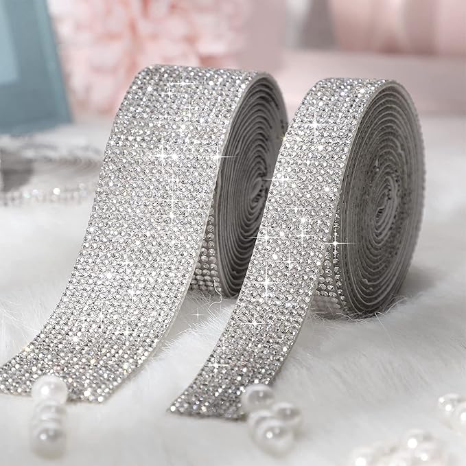 4 Rolls Self Adhesive Crystal Rhinestone Ribbon Diamond Bling Tape with 2 mm Rhinestones Strips Sticker for Arts Crafts Wedding Birthday Party DIY Event Car Phone Decoration (Silver)