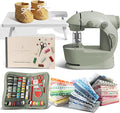Hearth & Harbor Mini Sewing Machine for Beginners, Dual Speed Small Portable Sewing Machine for Kids and Adults with Extension Table, 122 Piece Gift Set Includes, Fabrics, Project Book and More, Green
