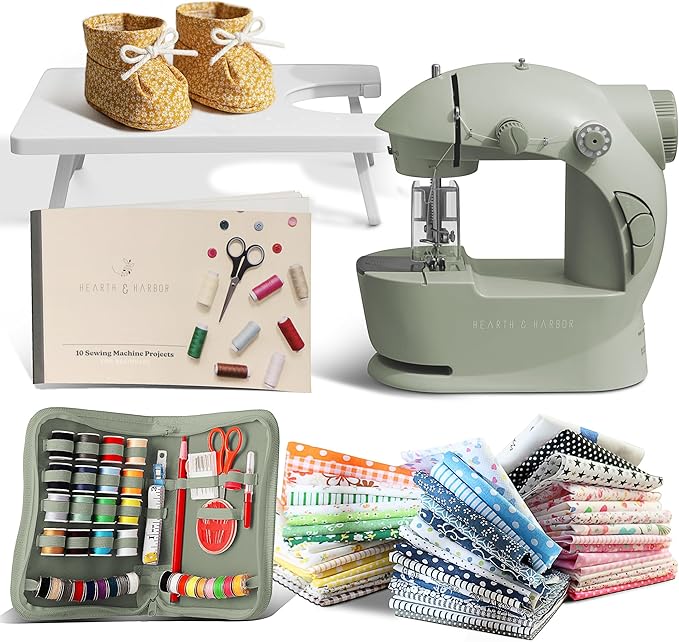Hearth & Harbor Mini Sewing Machine for Beginners, Dual Speed Small Portable Sewing Machine for Kids and Adults with Extension Table, 122 Piece Gift Set Includes, Fabrics, Project Book and More, Green
