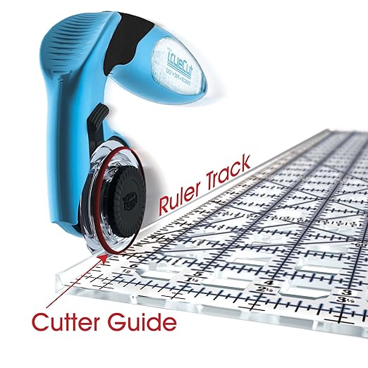 Truecut Quilter’s Ruler & Rotary Cutter Combo– Includes 45mm My Comfort Rotary Cutter, 6.5 x 24.5 Inch Ruler, Ruler Grips, & TrueSharp 2 Rotary Blade Sharpener