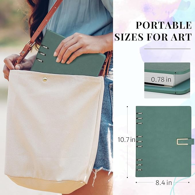 Vienrose 11" x 9" 3 Ring Watercolor Sketchbook, Faux Leather Cover Professional Art Journal with Detachable 24 Sheets 48 Pages, Ideal for Water Coloring, Sketching, Painting, Turquoise