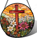 Christian Gifts for Women - Cross Stained Glass Window Hanging Easter Flower Sunset Landscape Sun Catcher Garden Religion Decor Mother's Day Catholic Gift for Men Grandma Mom Her Nana 11.8"