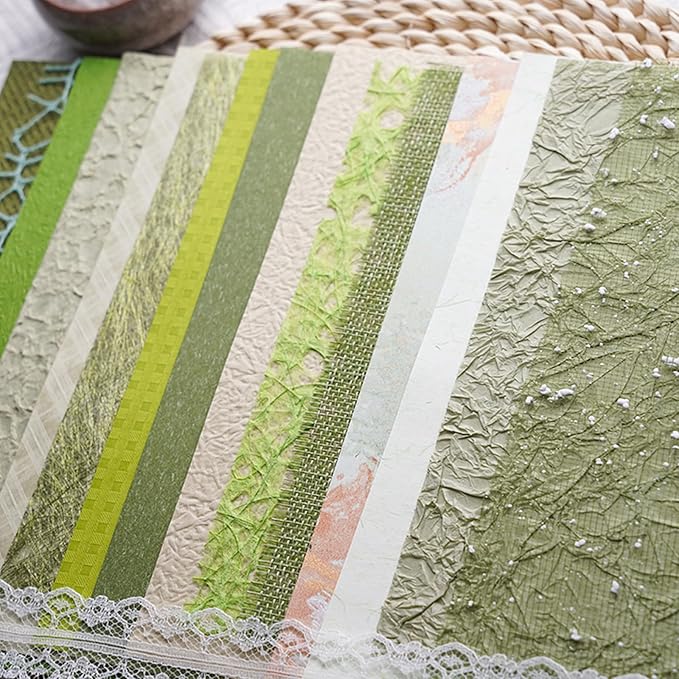 15Pcs Handmade Scrapbook Art Paper Craft Textured Paper Colorful A5 sheet Mesh Special Paper Mix for Scrapbooking Junk Journal Journaling Supplies DIY Materials,5.8x8.2 inches (Green)