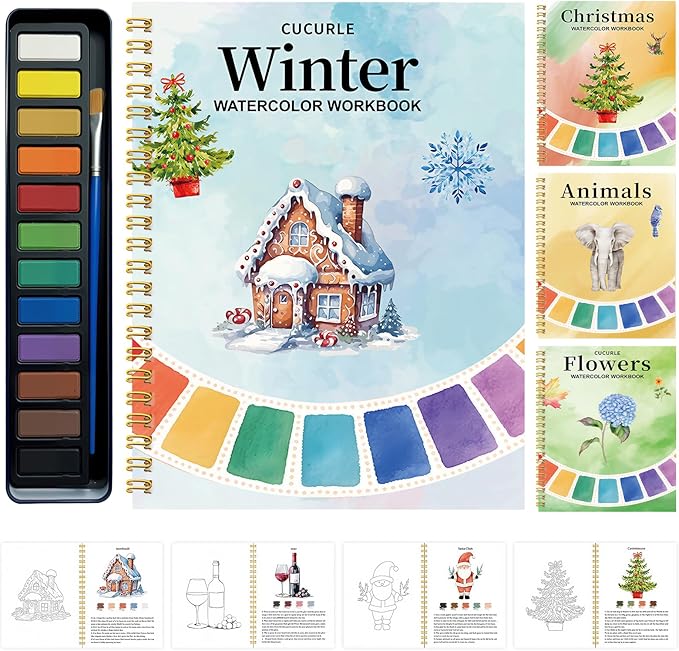 Beginner Watercolor Workbook with 12 Colors - Watercolor Paint Book & Art Gift for Beginners and Adults (Winter)