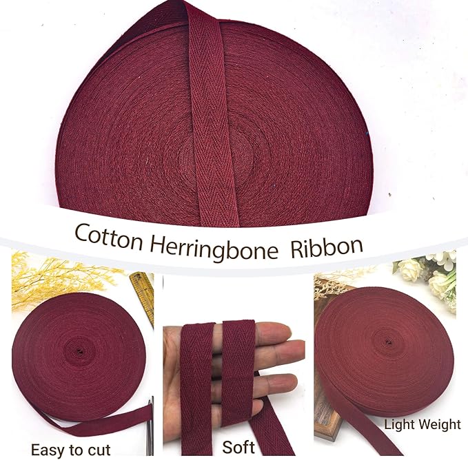 Wine Red Twill Tape 3/4 Inch Wide - 40 Yards Herringbone Cotton Webbing Bias Binding Tape for Sewing, Crafting, DIY Projects, Pet Collars, Gift Wrapping and Home Decoration