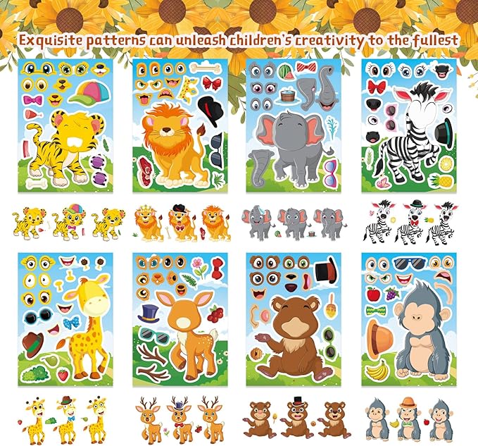 DUJAA Animal Stickers, 24 Sheets, Make-a-Face, Mix & Match, Kids 2-8, Party Favors, Crafts, Goodie Bags