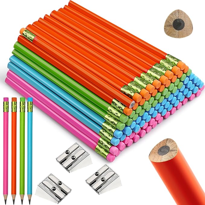 Fainne 102 Pcs Bulk Thick Jumbo Graphite Pencils Set 96 Fat Giant Large Pencils and 6 Sharpeners Enhanced Grip for Art Drafting Writing Drawing Office and Home Use(Colored,Triangle)