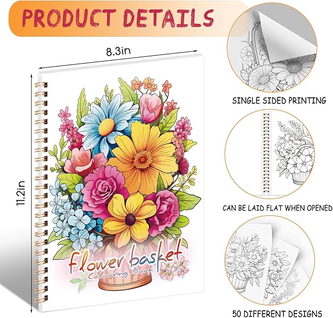Tlenpo Adult Coloring Book for Women, Spiral Bound Adult Coloring Books for Women Relaxation, Suitable for Alcohol Markers and Colored Pencils, Single-Sided Print of Flower, 50 Coloring Pages