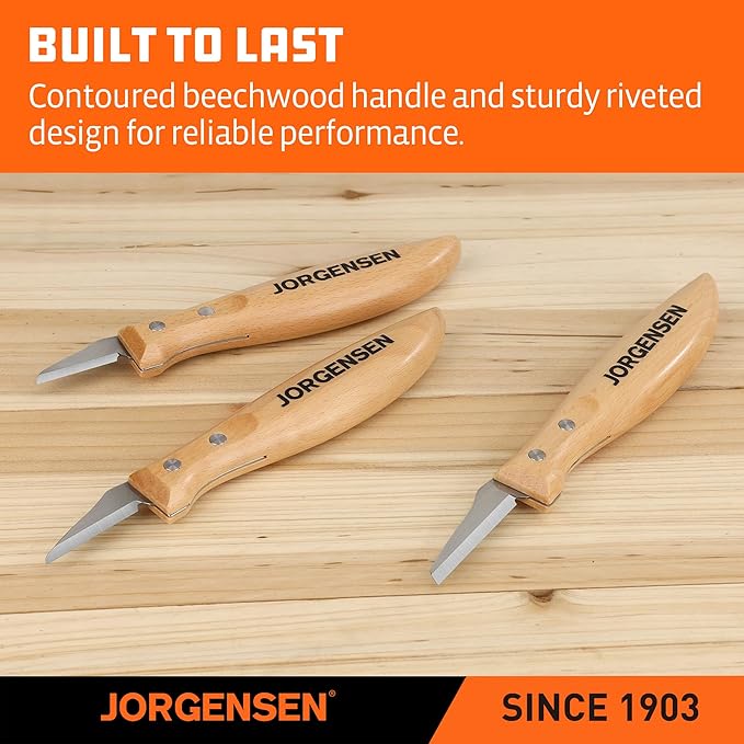 Jorgensen 3-Piece Wood Carving Tools, Stainless Steel Whittling Knife Set with Canvas Pouch, Protective Blade Cover, Ergonomic Curved Handle - Professional Wood Carving Kit for Beginners