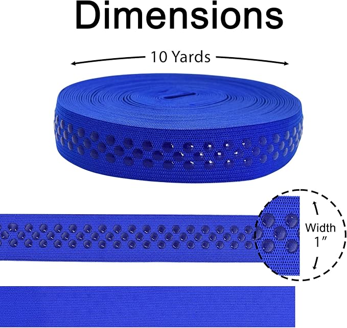 Mandala Crafts 1 Inch Elastic Silicone Gripper Tape for Clothing - 10 Yds Dotted Non Slip Elastic Band for Sewing - Royal Blue Silicone Flat Fabric Stretchy Ribbon Straps