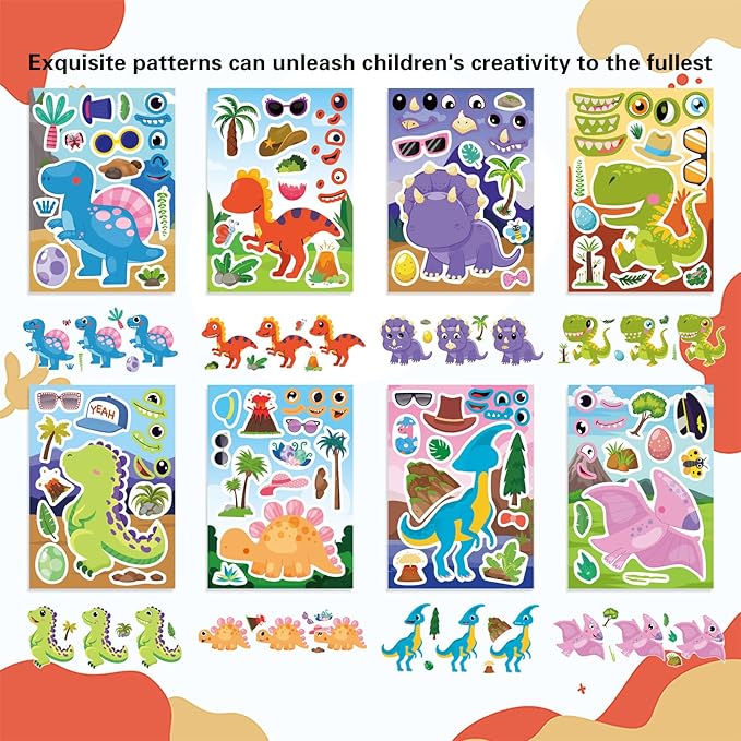 24 Sheets Dinosaur Stickers, Make Your Own Dino Stickers for Kids Boys Girls Toddlers, Make a Face Stickers Dinosaur Theme Birthday Party Favor Supplies, Teacher Reward Stickers