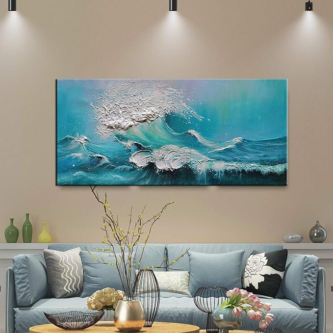 YaSheng Art - 24x48inch landscapes Abstract Art Painting，Oil Painting on Canvas Texture Blue Ocean scenery 3D Oil Painting Hand-Painted Abstract Artwork Canvas Wall Art Paintings Modern Home Decor Art