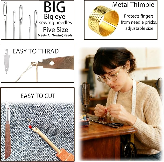 70PCS Big Eye Steel Sewing Needles Kit, 2025 New Stainless Big Eye Steel Needles Set for Hand Sewing,Portable Travel Working,Punch Needle Kit Repair Tools for Beginners,Professional DIY Lovers(70)