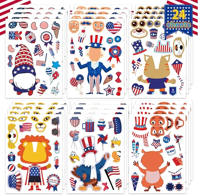 24 Sheets 4th of July Sticker, Make-a-face Sticker for Kids, Independence Day Make Your Own Stickers, Fourth of July American Birthday Patriotic Crafts Stickers, Veterans, Memorial Day