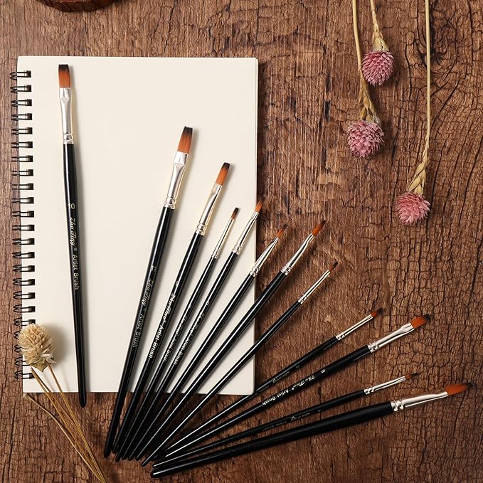 12 Pcs Filbert Paint Brushes Soft Artist Brushes Flat Nylon Bristles Painting Brushes with Wood Handle Paint Brush Set for Acrylic Oil Watercolor Gouache Painting