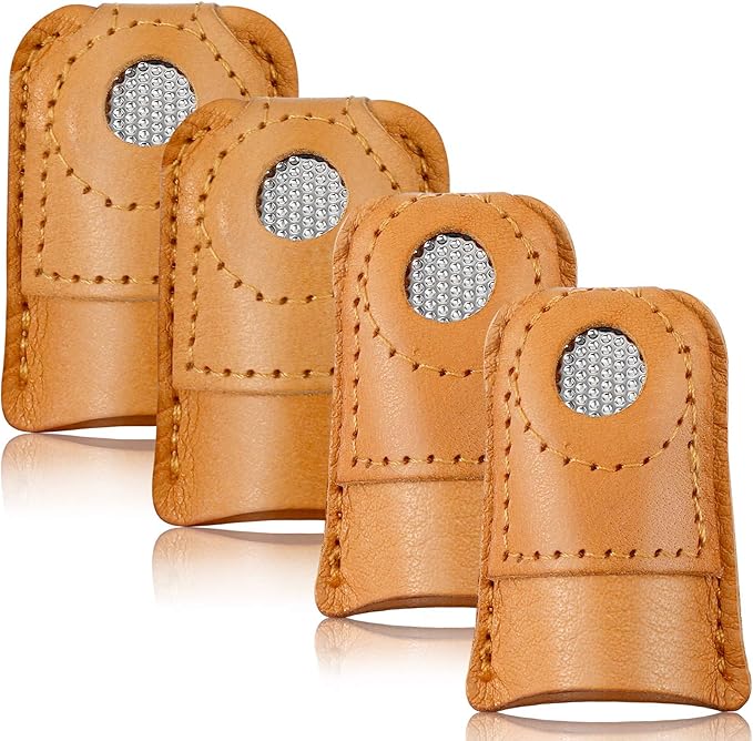 WILLBOND 4 Pieces Leather Thimbles for Hand Sewing Quilting, Leather Finger Protectors Finger Guard Pin Needles Knitting Craft Accessories DIY Sewing Tools, 2 Sizes